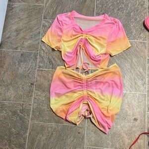 Vibrant Pink and Yellow Ruched Two-Piece Set